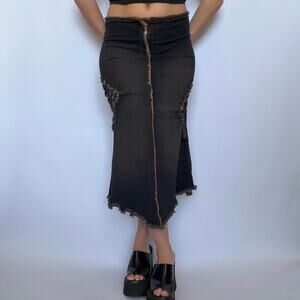 Xi Distressed Denim Maxi Skirt w/ Fishnet Detailing on the Side